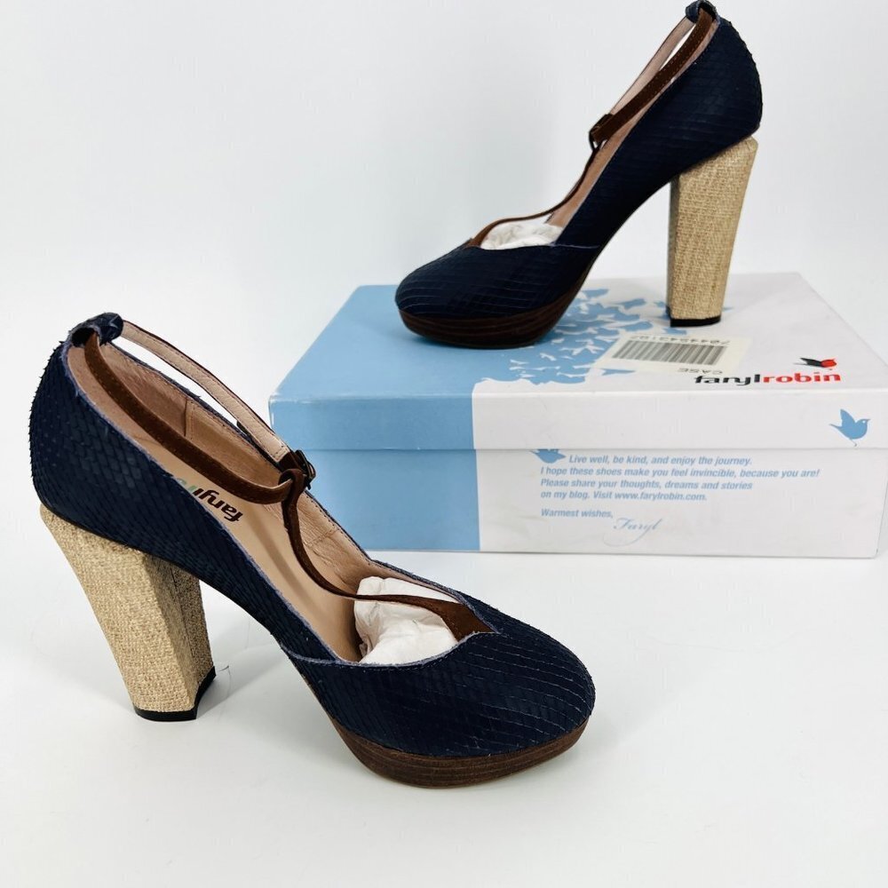 Faryl Robin Anthropologie Lois Navy‎ Dragon Scale T-Strap Heels Size 7.5